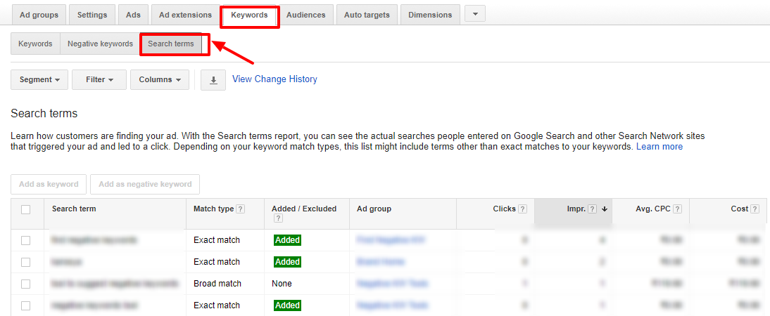 search terms report adwords