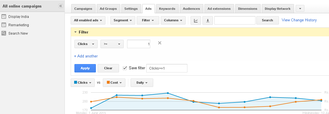 filter with clicks greater than equal to 1 Create filter with clicks greater than equal to 1
