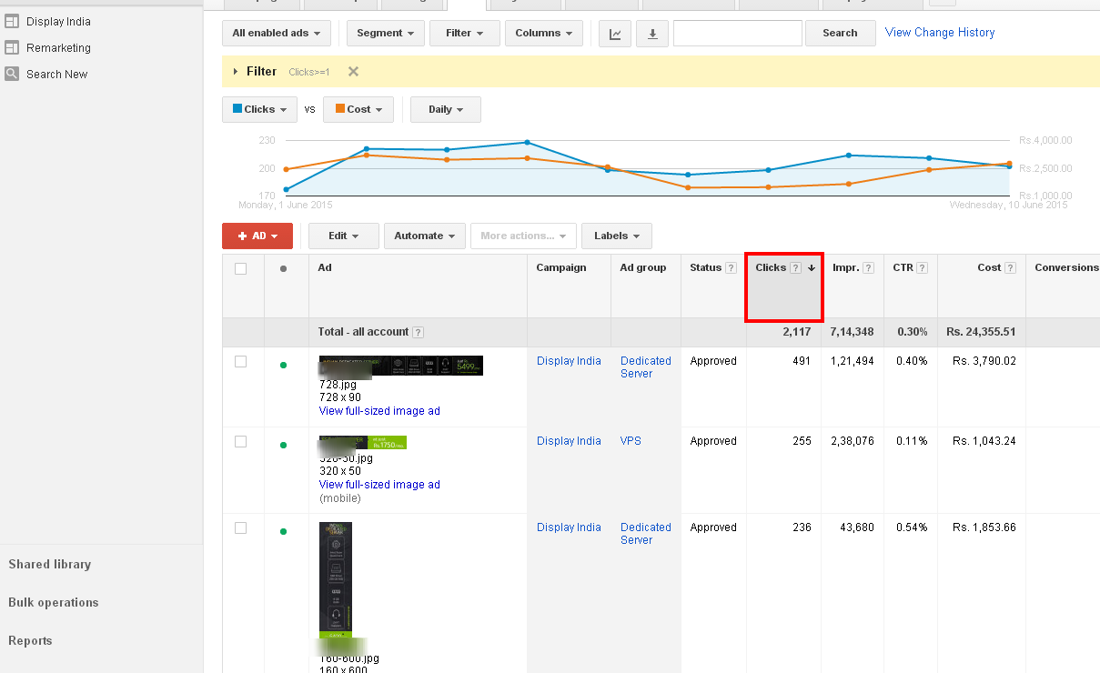 click on ‘clicks’ column to make it in descending order click on ‘clicks’ column to make it in descending order