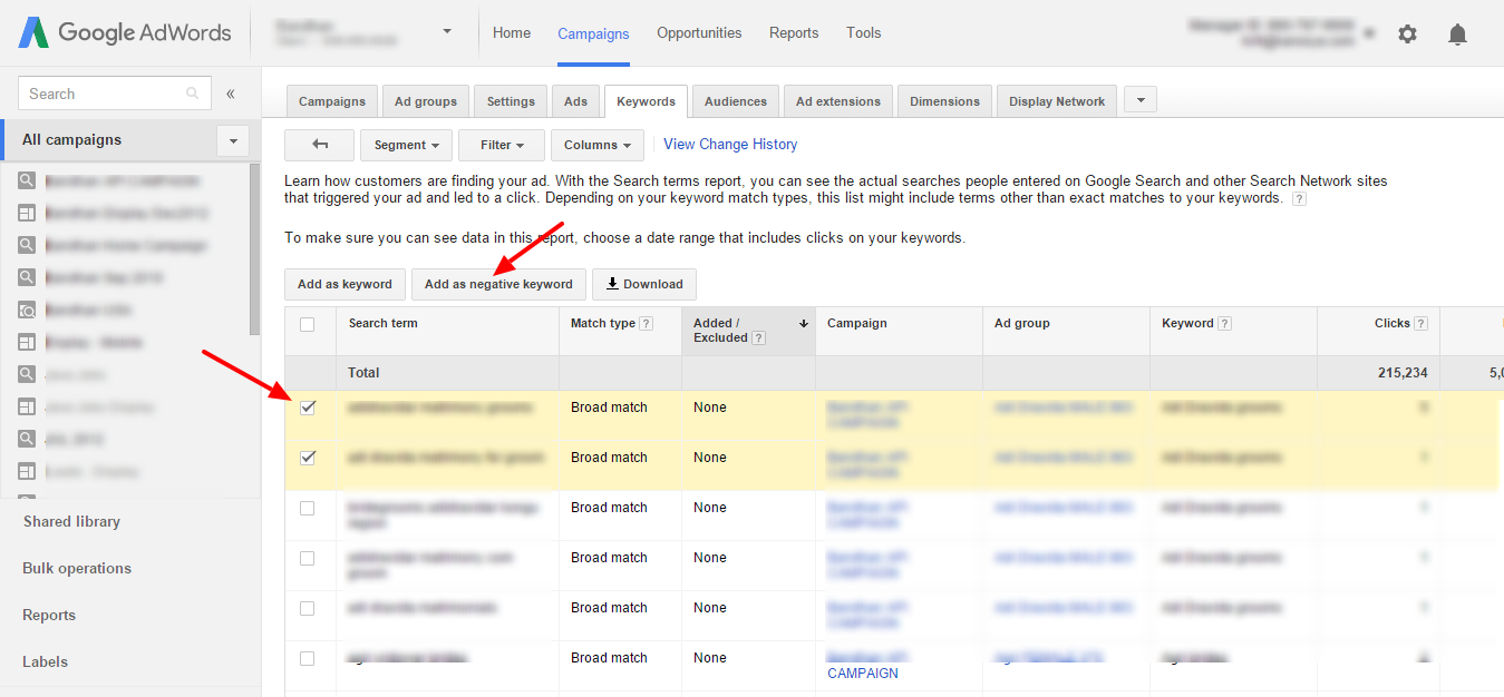 How to identify negative keywords through search terms report in 