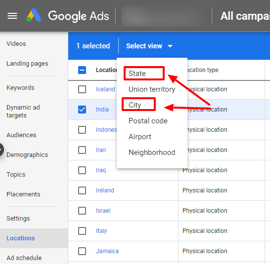 select state or city google ads