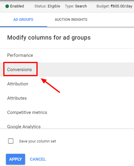 expand conversions column google ads
