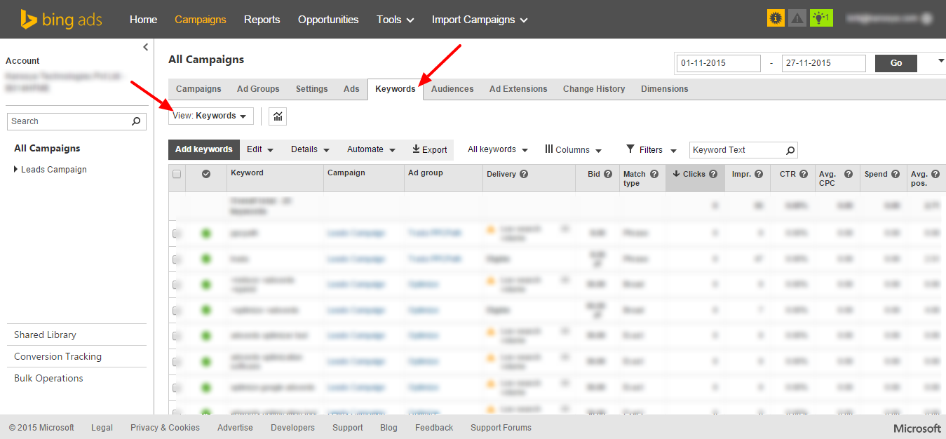 Add Negative Keyword In Bing - Step 1