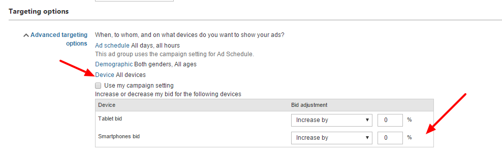 Ad Group Device Bid Settings