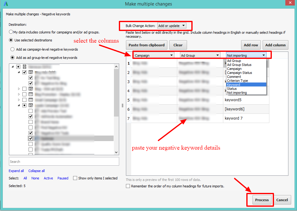 paste negative keywords