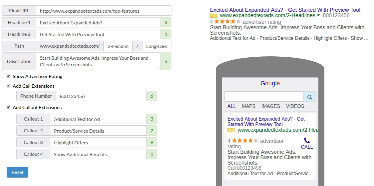 Expanded Text Ads Preview Tool
