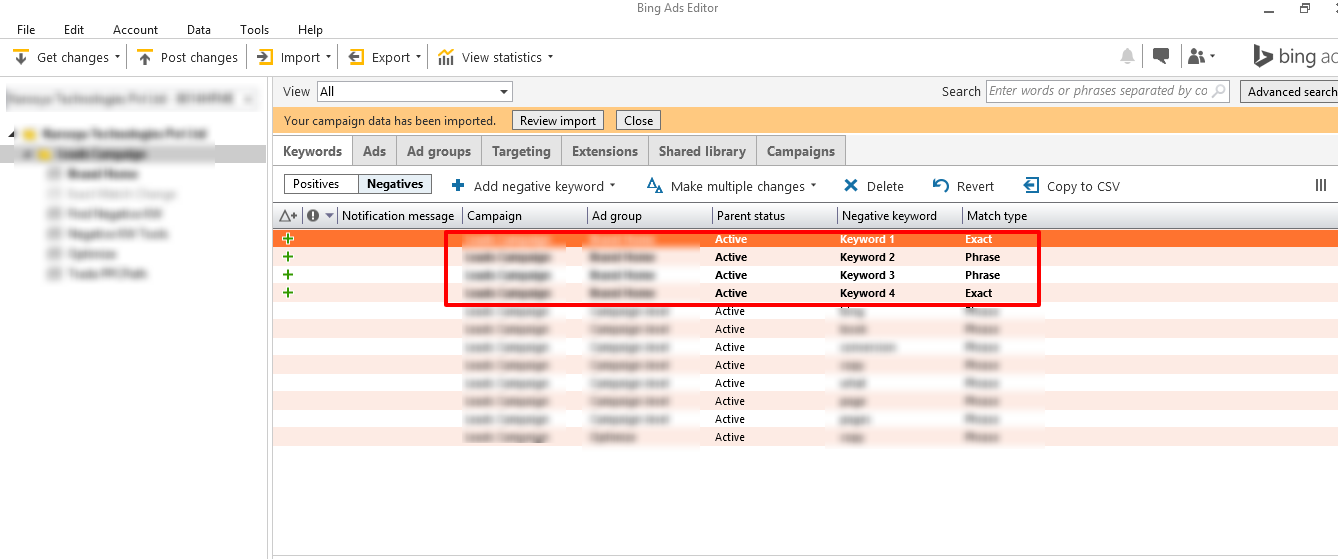 review import negative keywords