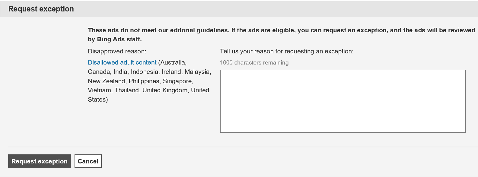 request exception bing ads