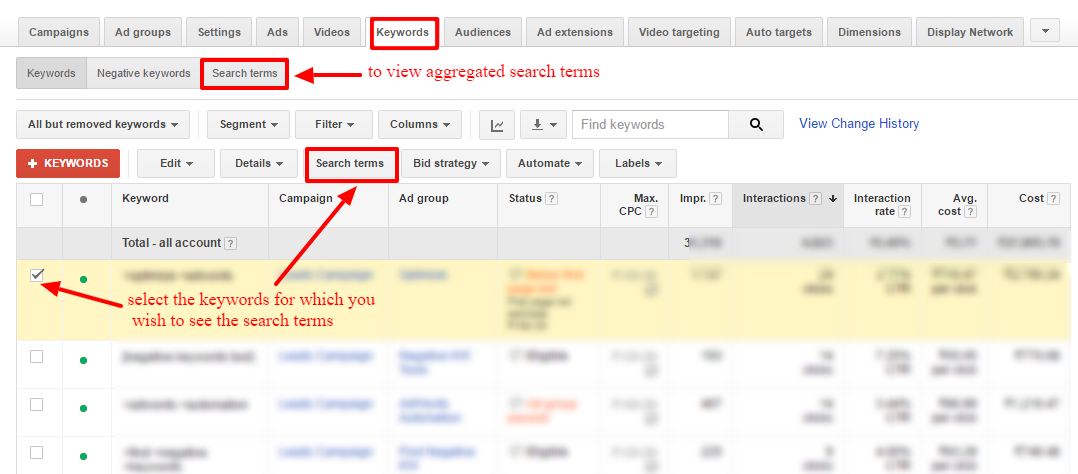 search terms report adwords