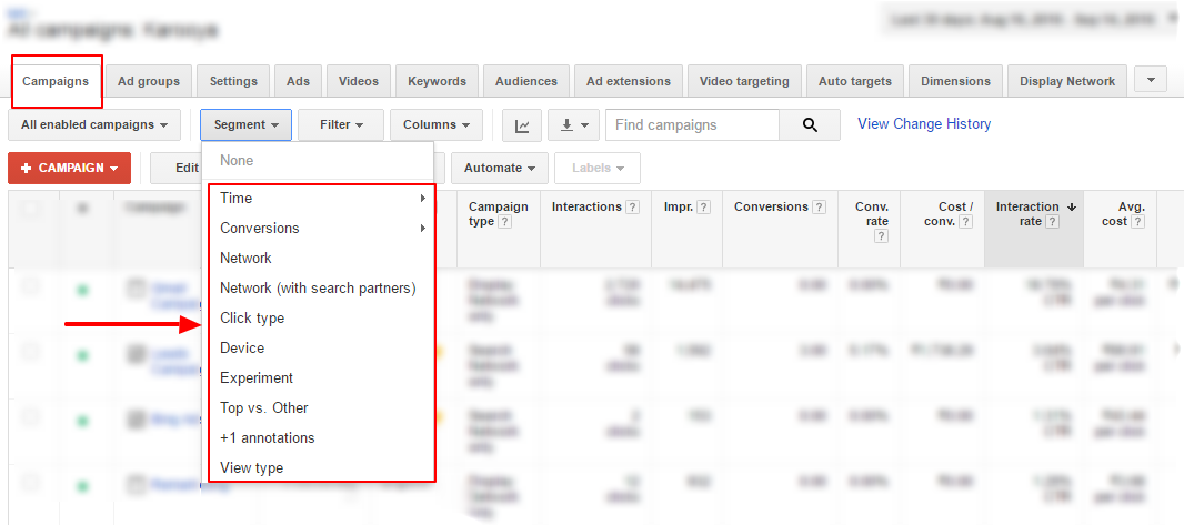 segment options adwords