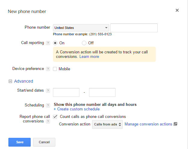 call tracking adwords