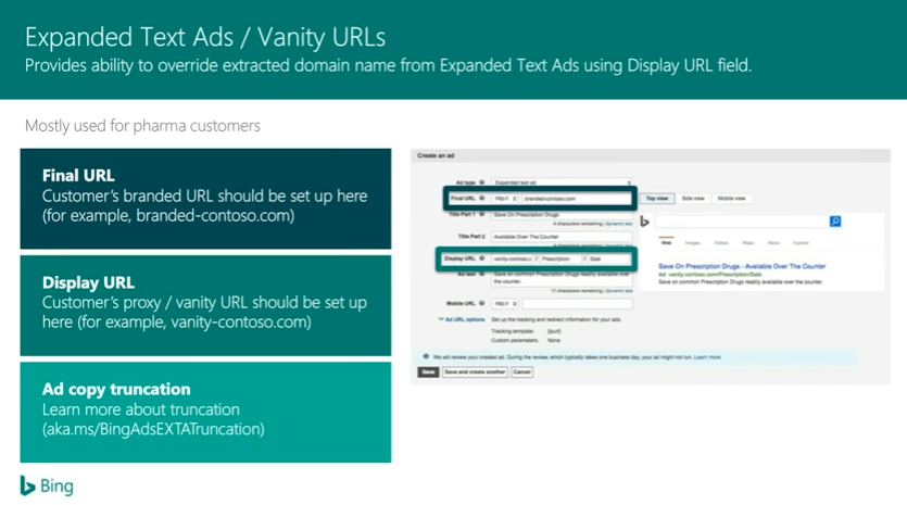 Bing Ads Vanity URLs