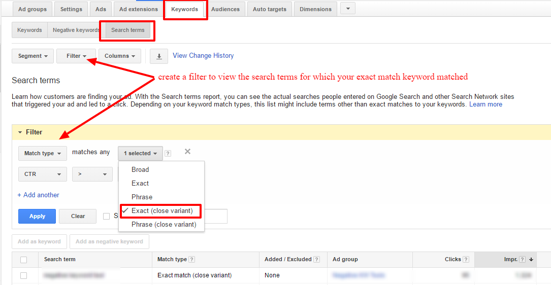 search queries for exact match close variant