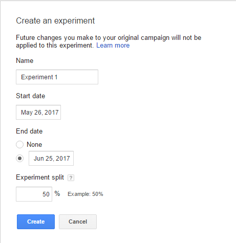 create experiment adwords