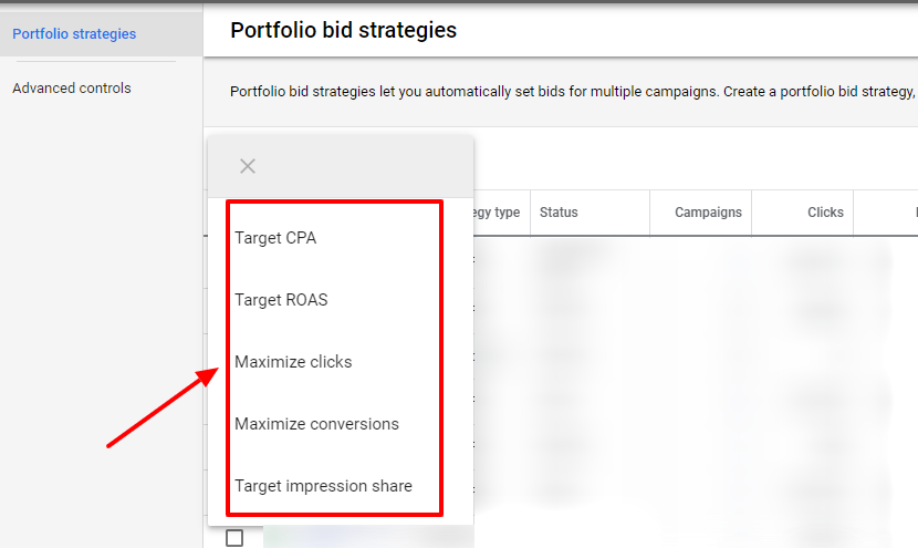 select portfolio bid strategy google ads