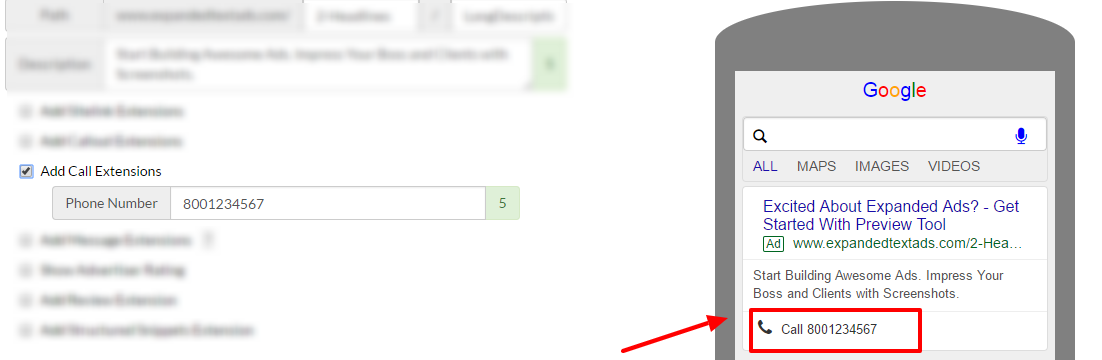 adwords call extension eta preview tool