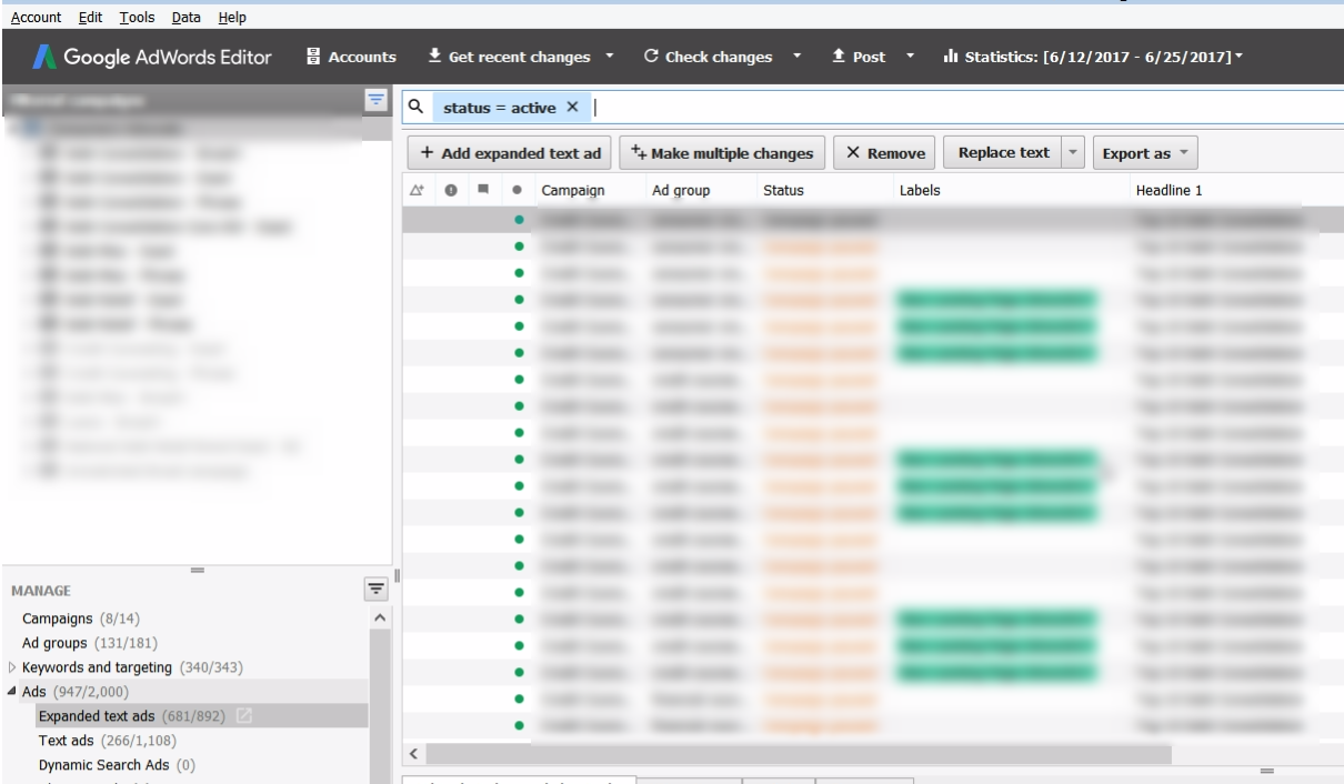 filter ads adwords editor