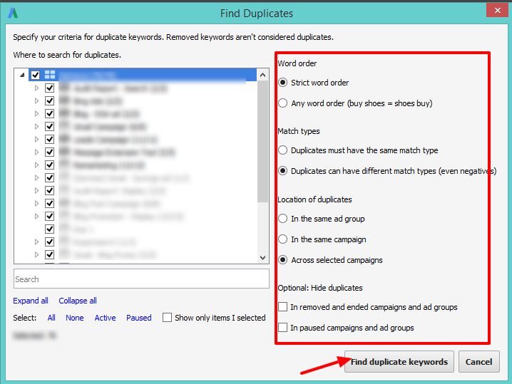 duplicate keywords criteria