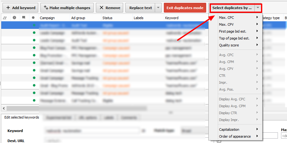 sort duplicate keywords