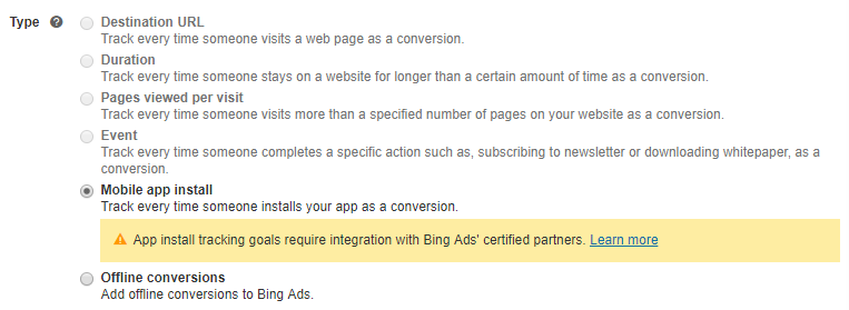 Bing Ads Conversion Goal Types