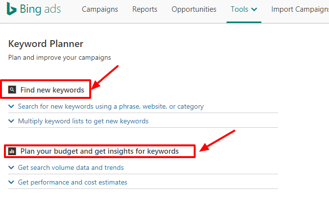bing keyword planner tool options