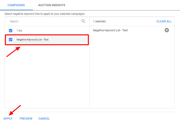 apply negative keyword list - new adwords ui