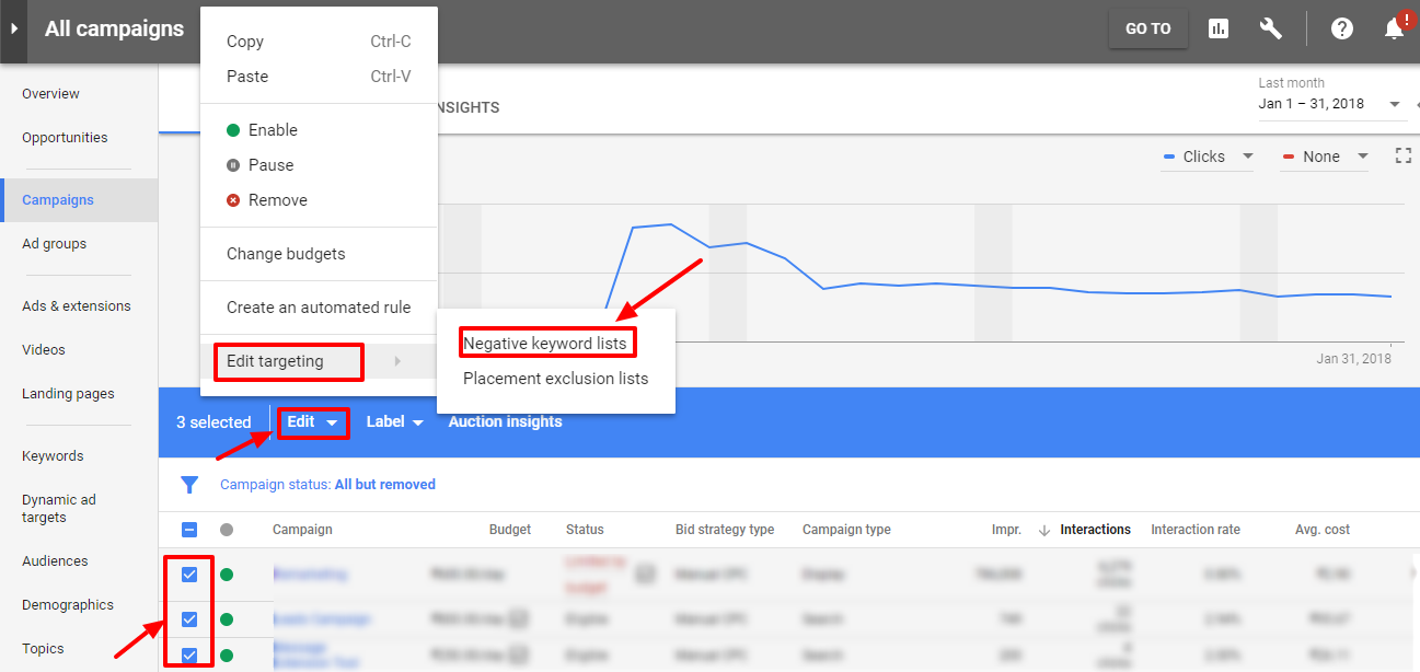 select campaign for negative keyword list - new adwords ui