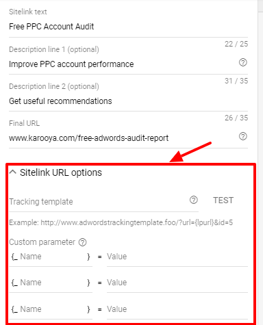 sitelink extension tracking template