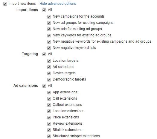 advanced option- importing in bing ads