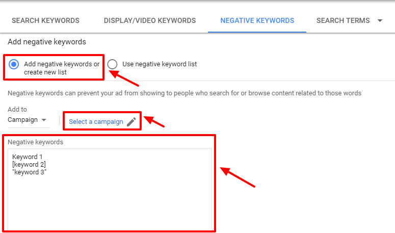 create new negative keywords list - adwords