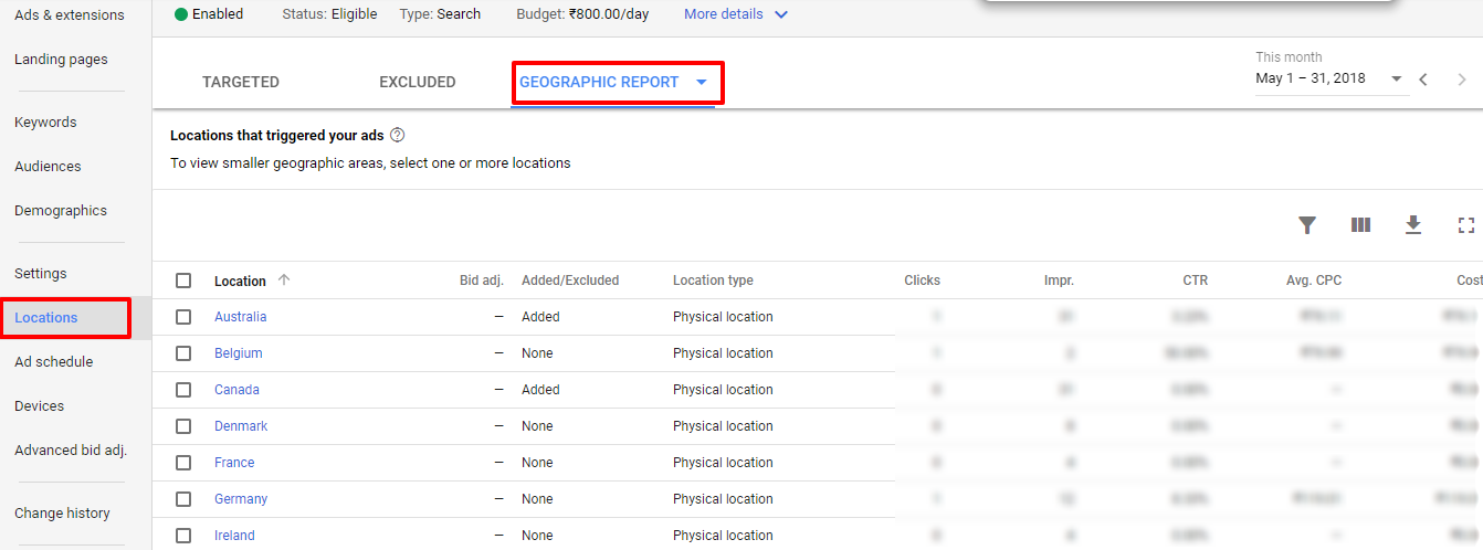 geographic report adwords