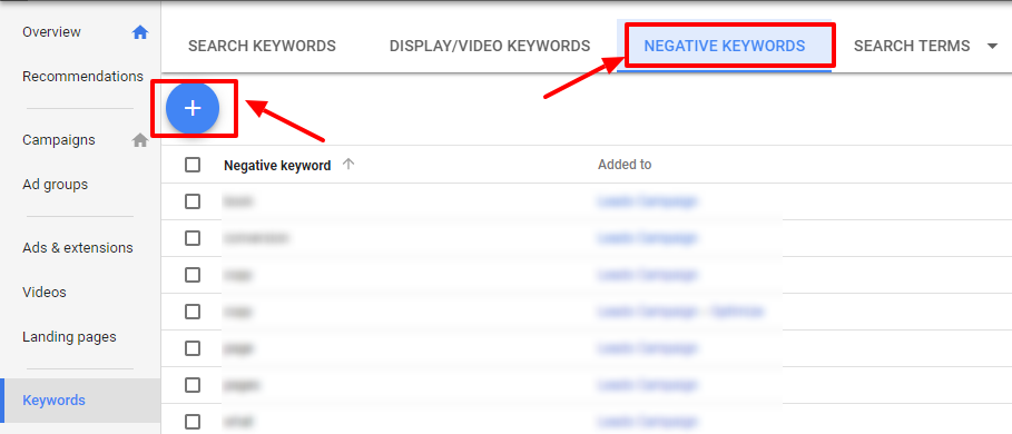 negative keywords-adwords new ui