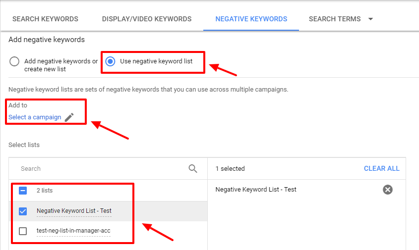 use existing negative keywords list - adwords new ui