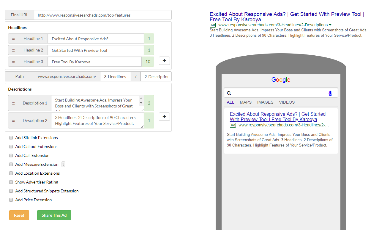 Responsive Search Ad Preview Tool Karooya