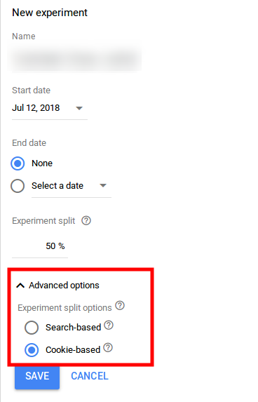 experiment split advanced options