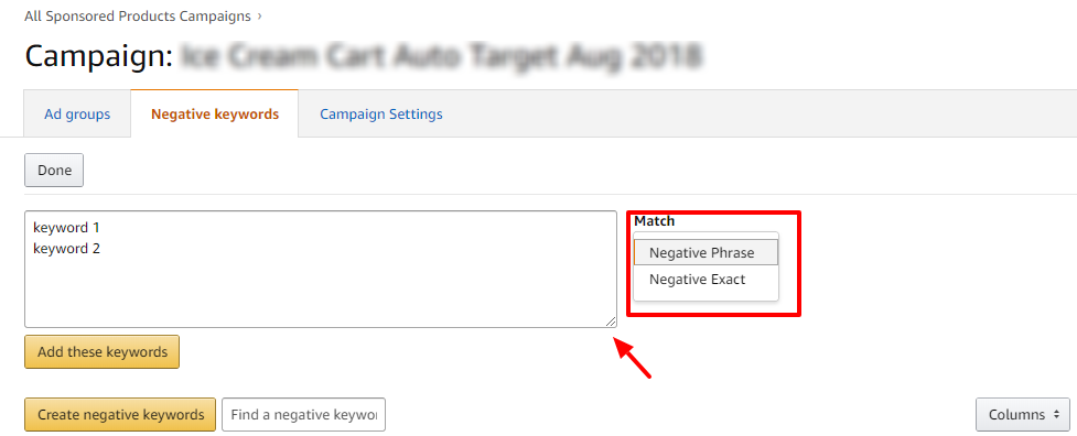 adding negative keywords amazon