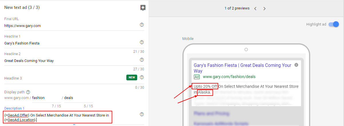 create ad copy with geo ad customizer
