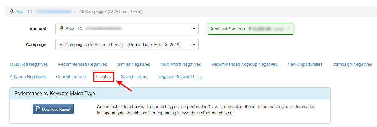 insight tab - karooya negative keyword dashboard