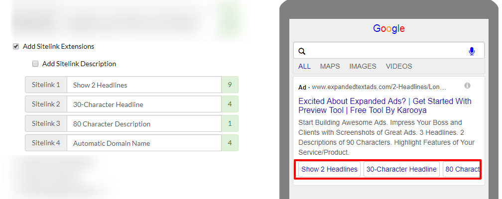 sitelink extensions eta and rsa