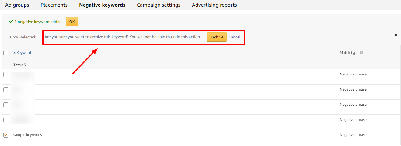 confirm archive negative keywords amazon ads
