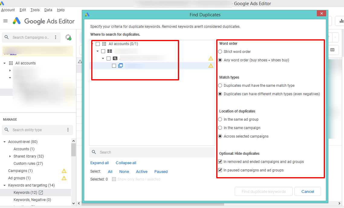 google ads editor duplicate keywords criteria