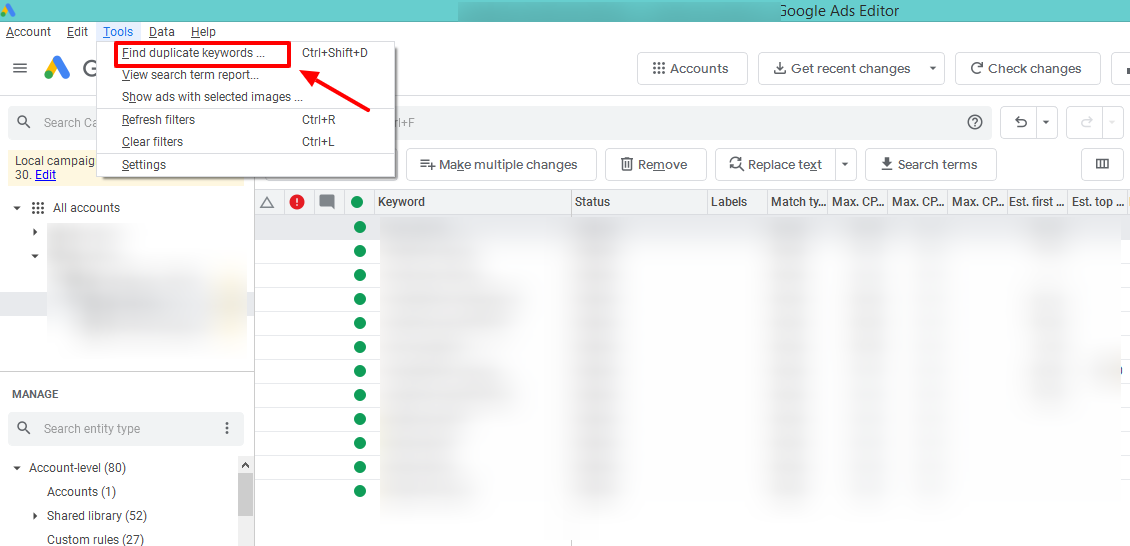 google ads editor duplicate keywords