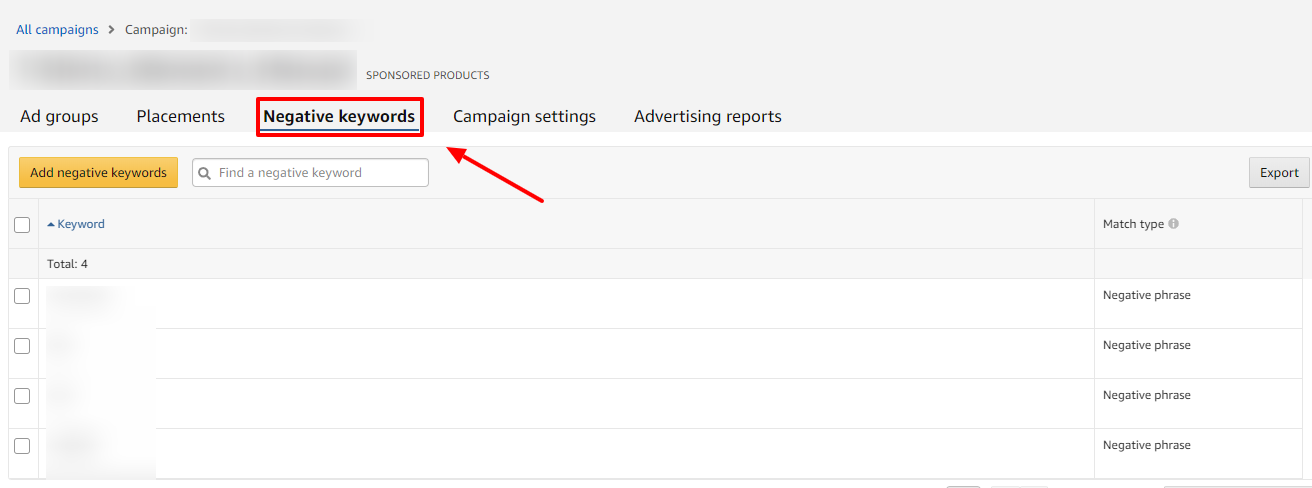 negative keywords tab amazon ads