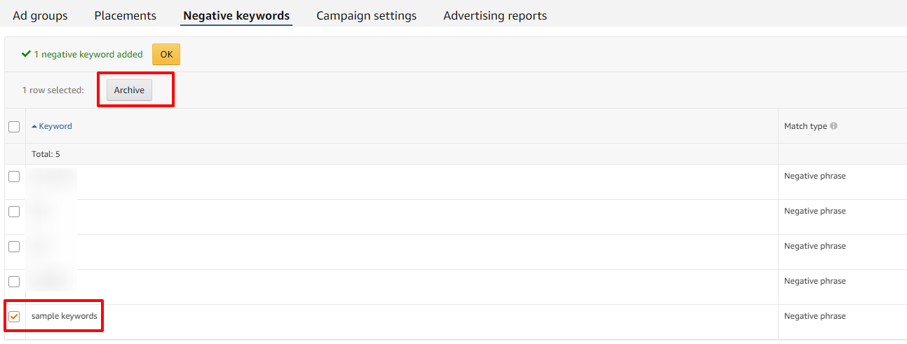 select negative keyword amazon ads