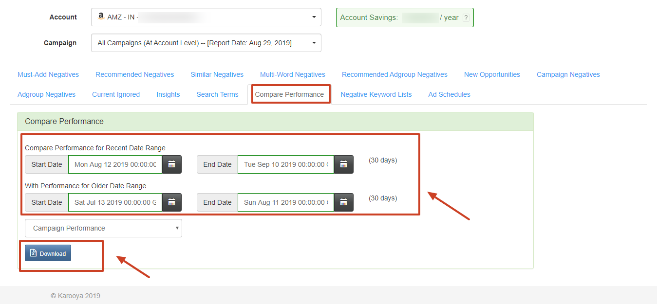 compare performane report amazon ads karooya