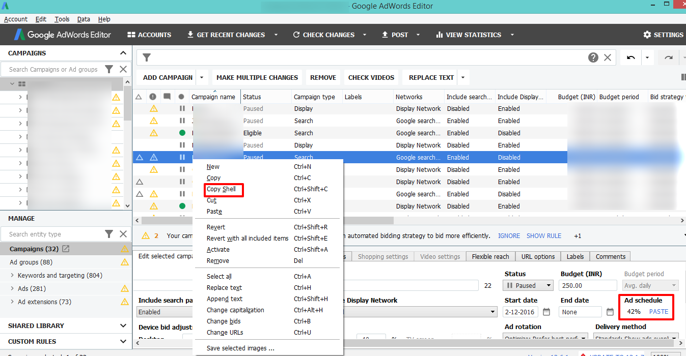 copy ad schedule settings adwords editor