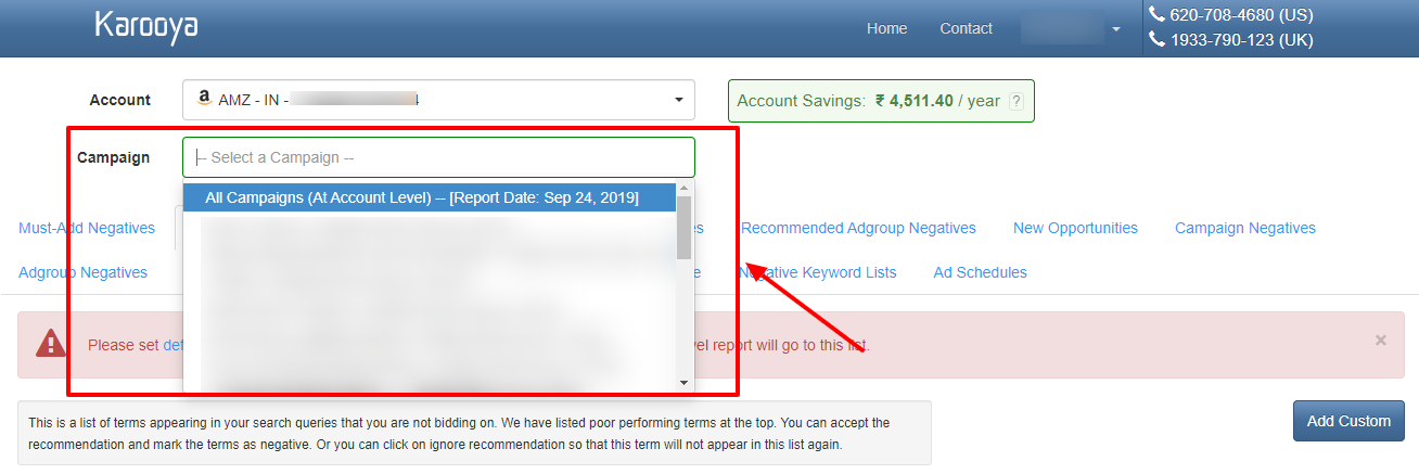 select campaign negative keywords karooya