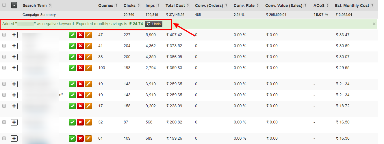 undo negative keyword changes made