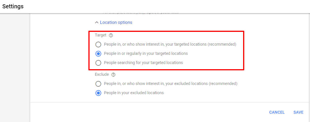 location option google ads