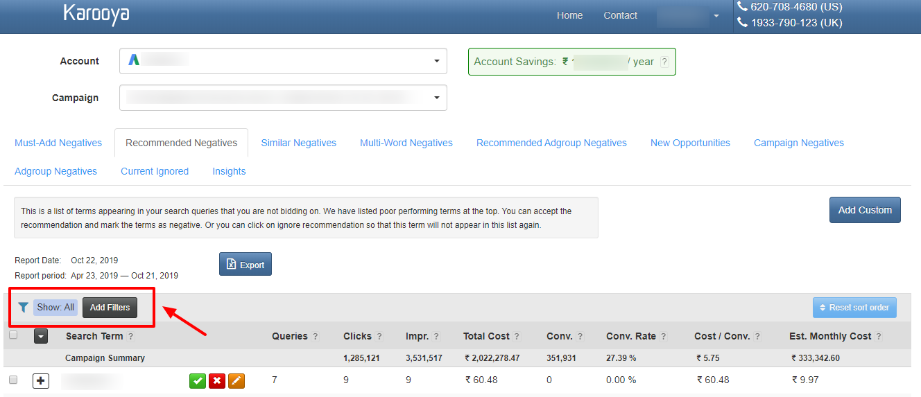 add filter negative keyword karooya